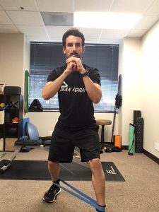 Walking with a band strengthens the gluteus medius muscle to improve hip and low back stability